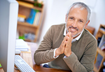 Aufkleber - Senior, businessman and portrait of ceo at desk with happiness, experience and confidence in office. Entrepreneur, face or executive at workspace with smile for corporate career or company management