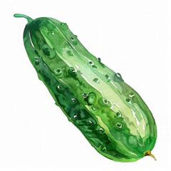 Wall Mural - Hand-painted watercolor illustration of a fresh green cucumber with water droplets, isolated on a white background, ideal for healthy eating and organic food concepts