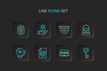 Wall Mural - Set line Old key, Laptop with password, Contract shield, Ringing alarm bell, Security camera, Lock and Fingerprint icon. Vector