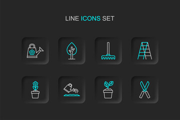 Canvas Print - Set line Gardening scissors, Plant pot, Watering can, Flower, Wooden staircase, rake, Tree and icon. Vector