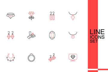 Sticker - Set line Diamond, Earrings, engagement, Necklace, Locket necklace, Gem stone, box and icon. Vector