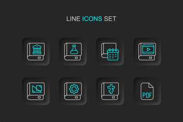 Poster - Set line PDF file document, Holy bible book, User manual, Book about geometry, cinema, Daily paper notepad, Chemistry and Law icon. Vector