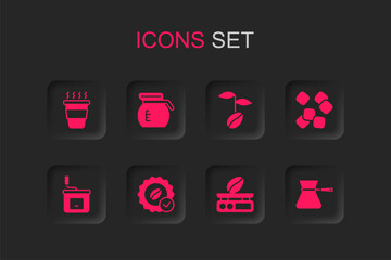 Sticker - Set Medal for coffee, Coffee pot, cup to go, Electronic scales, Sugar cubes, turk, beans and Manual grinder icon. Vector