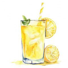 Wall Mural - Refreshing watercolor illustration of iced lemonade with mint, a straw, and a slice of lemon, ideal for summer-themed designs with space for text