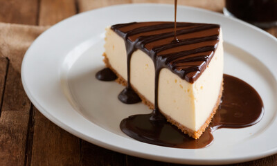 Wall Mural - A piece of cheesecake topped with decadent chocolate sauce served on a pristine white plate.