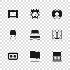 Poster - Set Pillow, Window with curtains, Big bed, Travel neck pillow, Alarm clock and Table lamp icon. Vector