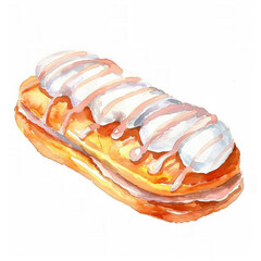 Wall Mural - Watercolor illustration of a glazed eclair with white icing, isolated on a white background with space for text, ideal for bakery or dessert-themed designs