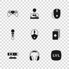 Wall Mural - Set Headphones, Playing cards, Level game, Computer mouse, Game controller or joystick, Joystick for arcade machine and VR icon. Vector