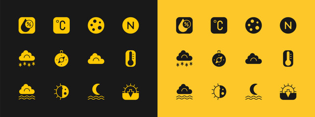 Sticker - Set Compass north, Day night cycle, Cloud, Night fog smoke, Moon, Water drop percentage and Celsius icon. Vector