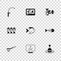 Poster - Set Fishing hook, skeleton, float water, Spinning reel for fishing, rod, finder echo sounder and Dried icon. Vector