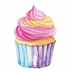 Wall Mural - Colorful watercolor illustration of a swirled pink and yellow frosted cupcake with ample copy space, suitable for dessert-themed designs and bakery advertising