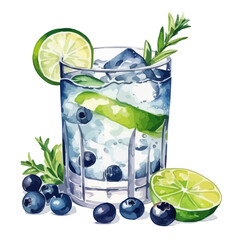 Watercolor Cocktail Mojito in a glass with lime and blueberry and rosemary and mint, ice isolated on a white background, mojito cocktail with lime and mint