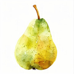 Wall Mural - Watercolor illustration of a ripe green-yellow pear with textured details on a clean white background, suitable for culinary themes and artistic design elements