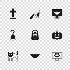 Wall Mural - Set Flying bat, Pumpkin, Happy Halloween holiday, Funny and scary ghost mask, Tombstone with cross, Bloody knife and Pirate hook icon. Vector