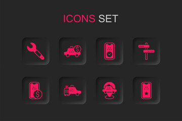 Set Taxi car, Taximeter device, Wrench spanner, Location taxi, Road traffic sign, mobile app, and Mobile banking icon. Vector