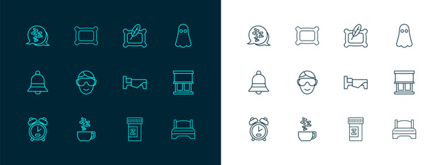 Wall Mural - Set line Ghost, Chamomile tea, Bed, Sleeping pill, Eye sleep mask, Pillow, Sleepy and icon. Vector