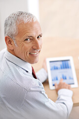 Poster - Portrait, finance and screen with man, tablet and business with economy and accountant with investment. Face, employee and broker with tech or charts with company profit or startup with digital app