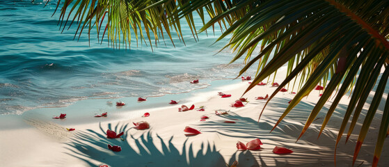 Wall Mural - Maldives beach vacation. View on ocean. Exotical flowers, petals under tropical palm. Beige sand texture. Shadow lights effect. Mock up for wedding ceremony, relax, honeymoon. Generative ai