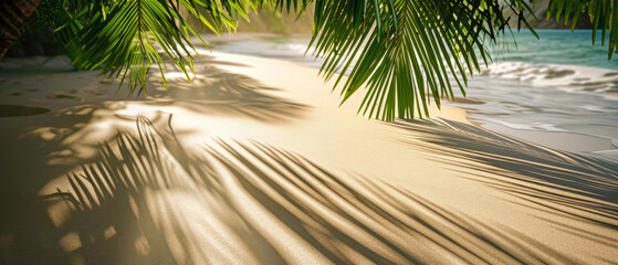 Wall Mural - Maldives beach vacation. Flat lay composition with exotical flowers, petals under tropical palm. Beige sand texture. Shadow lights effect. Mock up for wedding ceremony, relax, honeymoon. Generative ai