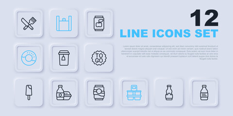 Sticker - Set line Sauce bottle, Bottle of water, Cup tea, Coffee cup to go, Donut, Online ordering food, and Soda can icon. Vector