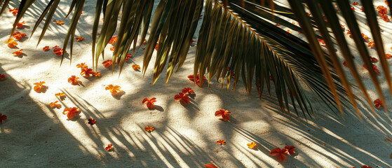 Wall Mural - Maldives beach vacation. Flat lay composition with exotical flowers, petals under tropical palm. Beige sand texture. Shadow lights effect. Mock up for wedding ceremony, relax, honeymoon. Generative ai