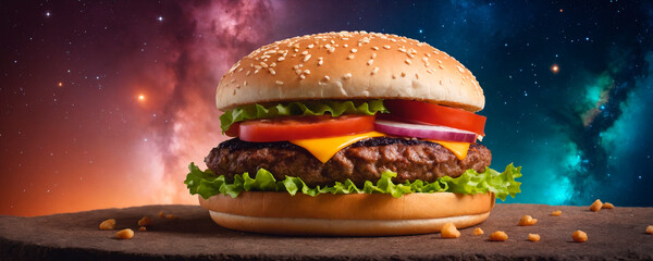 Wall Mural - Big tasty hamburger on the background of cosmic space with stars