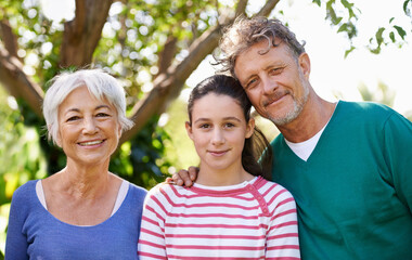 Wall Mural - Portrait, grandparents or kid as family, visit or care to relax as happy, bonding or together. Man, woman or child as smile, sunshine or retirement in garden on morning summer day in San Francisco