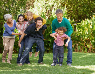 Poster - Family, freedom and playing in outdoor nature, love and bonding together or happy in backyard. Generations, smile and laugh or game for humor in garden or park, vacation and summer holiday in France