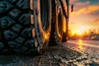 A close up of a tire with the sun setting in the background