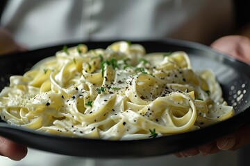 Poster - Elegant Fettuccine Alfredo on Black Plate, Handheld in Soft Focus