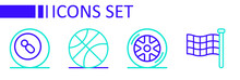 Set Line Checkered Flag, Car Wheel, Basketball Ball And Billiard Pool Snooker Icon. Vector
