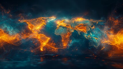 Wall Mural - Glowing world map on dark background. Globalization concept. Communications network map of the world. Technological futuristic background. World connectivity and global networking concept