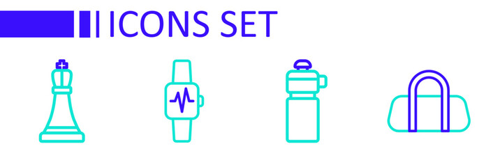 Wall Mural - Set line Sport bag, Fitness shaker, Smart watch with heart and Chess icon. Vector