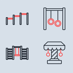 Sticker - Set line Gymnastic rings, Swedish wall, Attraction carousel and Sport horizontal bar icon. Vector