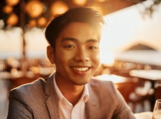 Poster - Asian male model sitting in restaurant smiling to camera, face closeup