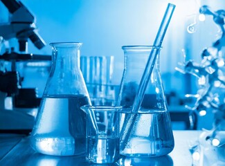 Water in beaker and flask glass in chemistry blue science laboratory background