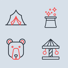 Wall Mural - Set line Magician hat, Bear head, Attraction carousel and Circus tent icon. Vector