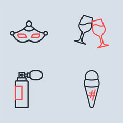 Sticker - Set line Wine glass, Perfume, Ice cream waffle and Carnival mask icon. Vector