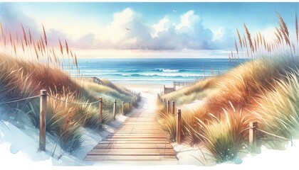 Wall Mural -  Watercolor landscape of a Wooden Path Leading to the Beach