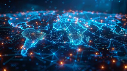 Glowing world map on dark background. Globalization concept. Communications network map of the world. Technological futuristic background. World connectivity and global networking concept