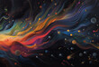 oil painting of an abstract cosmic scene with swirling galaxies and planets.