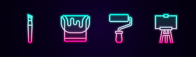 Wall Mural - Set line Paint brush, bucket, roller and Wood easel. Glowing neon icon. Vector