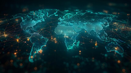 Glowing world map on dark background. Globalization concept. Communications network map of the world. Technological futuristic background. World connectivity and global networking concept