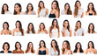 Set of headshots of different caucasian women smiling. Collage of 24 CLoseup photos of girls with transparent background. 