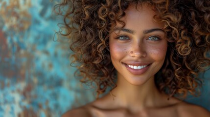 Beautiful smiling woman with curly hair, long hair flowing in the wind