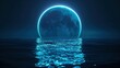 Moonrise over Tranquil Waters, A mesmerizing image of a giant moon rising above the horizon, encircled by a glowing neon light, reflecting on the calm ocean waters under the night sky