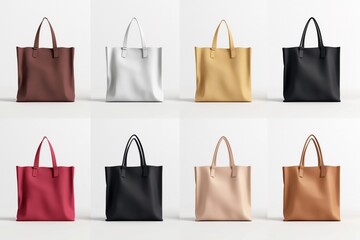 Collection of eight elegant leather totes presented in diverse color options