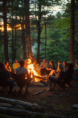 A support group gathering around a bonfire for an evening of sharing and bonding. Group of people by bonfire in woods, warmth from flames in the evening