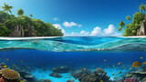Fototapeta Do akwarium - Tropical island with white sandy beaches and a diverse coral reef ecosystem, divided by the waterline. 