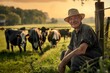 mature farmer stands in a green grass field near his cattle farm, Some cows wander behind him.